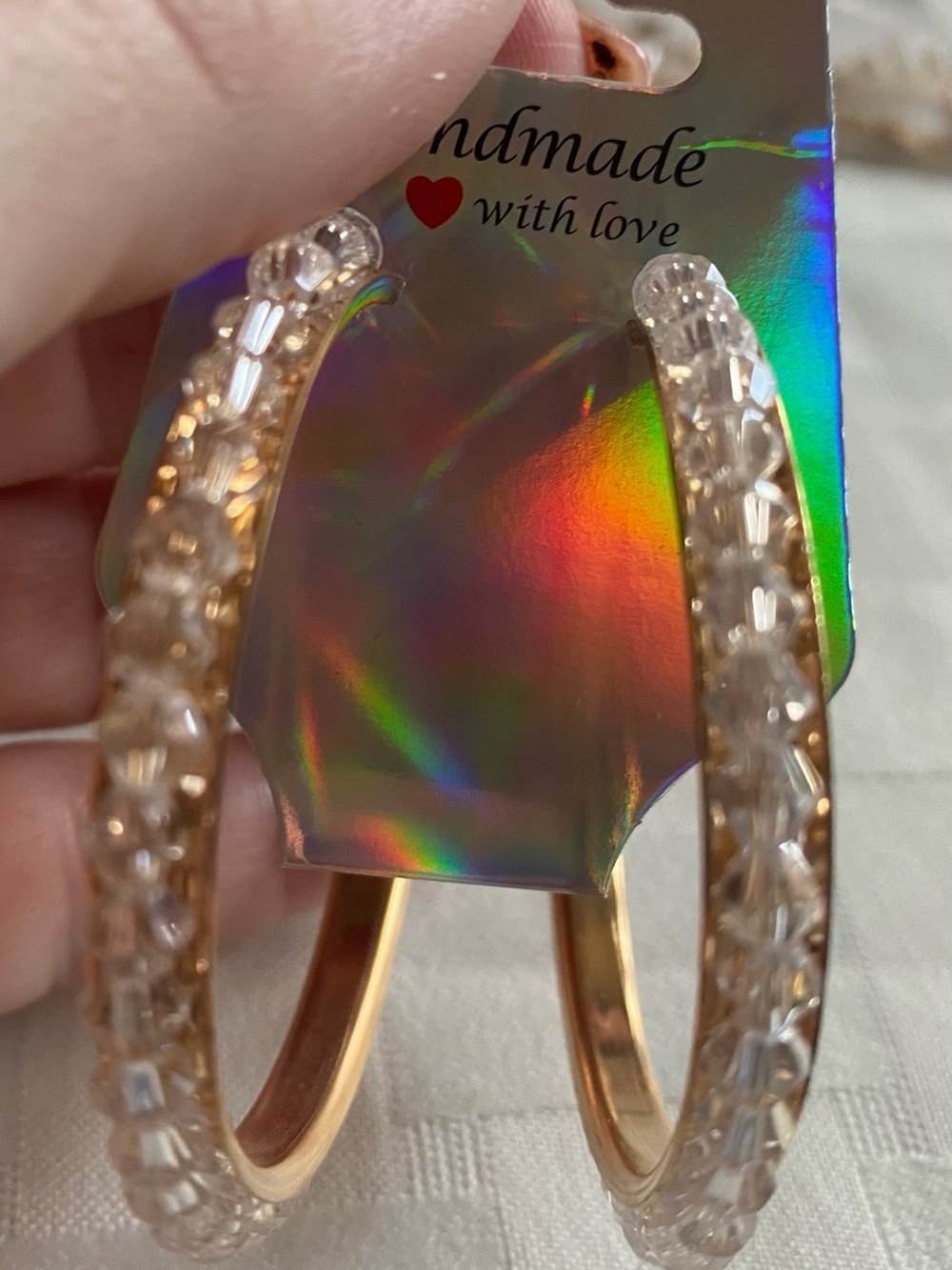 Handmade Gold Hoop Earrings with Clear Bead Detailing